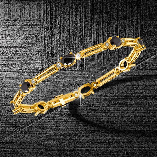 Vintage Oval Black Sapphire Bracelet - 18K Gold Plated Sterling Silver Wedding Bracelet