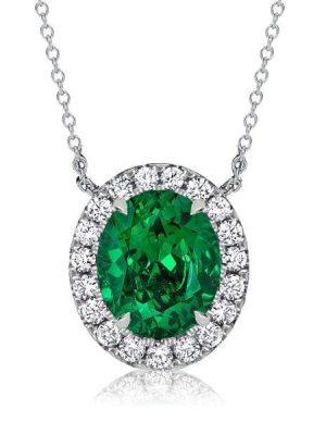 Oval Green Emerald Halo Necklace for Women in 925 Sterling Silver