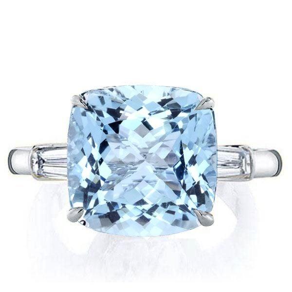 Three Stone Aquamarine Cushion Cut Engagement Ring in Sterling Silver