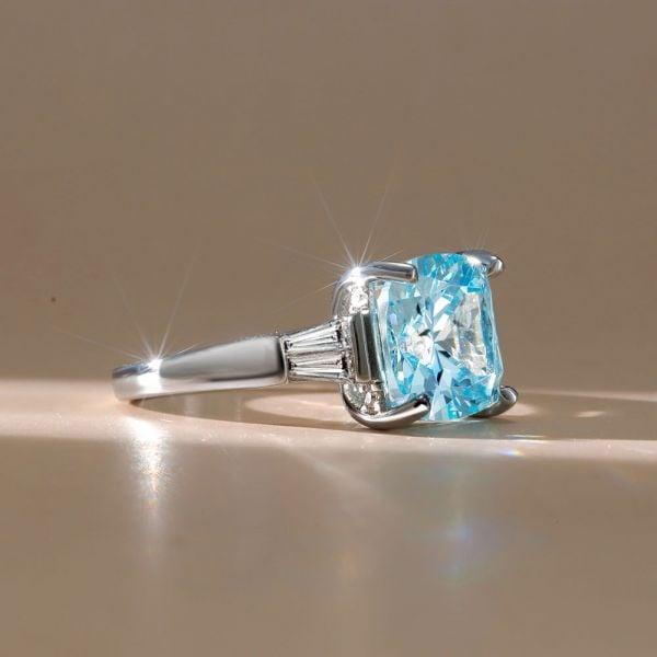 Three Stone Aquamarine Cushion Cut Engagement Ring in Sterling Silver