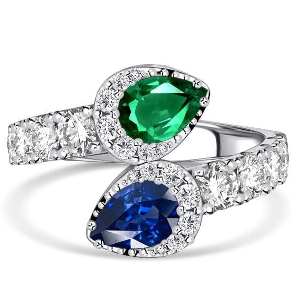 Sterling Silver Pear Cut Teardrop Ring with Emerald and Blue Sapphire Gemstones