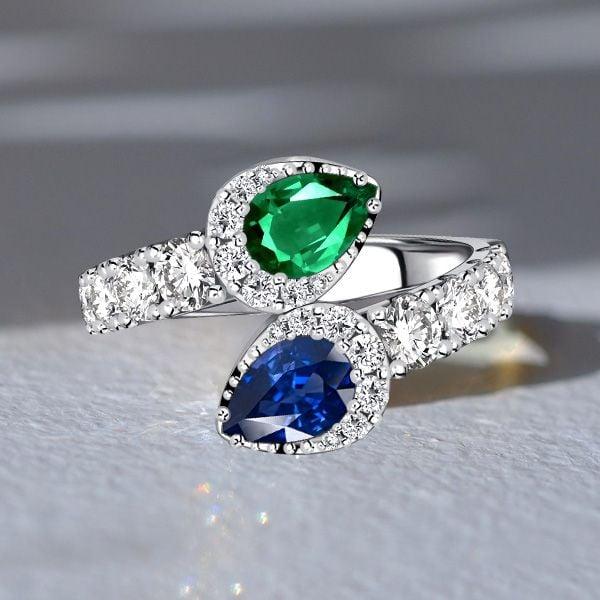 Sterling Silver Pear Cut Teardrop Ring with Emerald and Blue Sapphire Gemstones