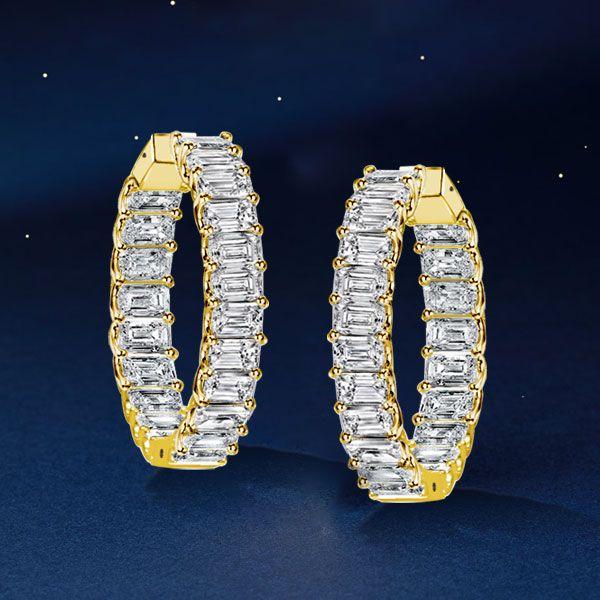 Emerald Cut Inside-Out Hoop Earrings - 18K Gold Plated Sterling Silver, 21 CT TW