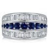 Blue Sapphire Triple Row Wedding Band Anniversary Ring - Sterling Silver