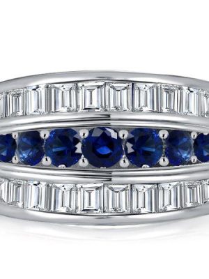 Blue Sapphire Triple Row Wedding Band Anniversary Ring - Sterling Silver