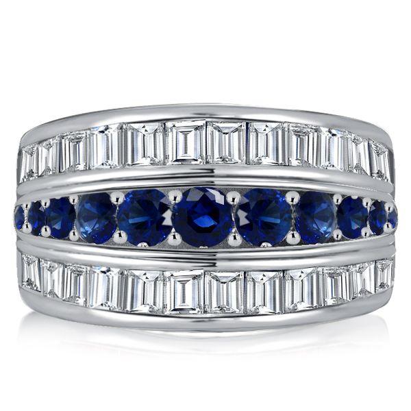 Blue Sapphire Triple Row Wedding Band Anniversary Ring - Sterling Silver