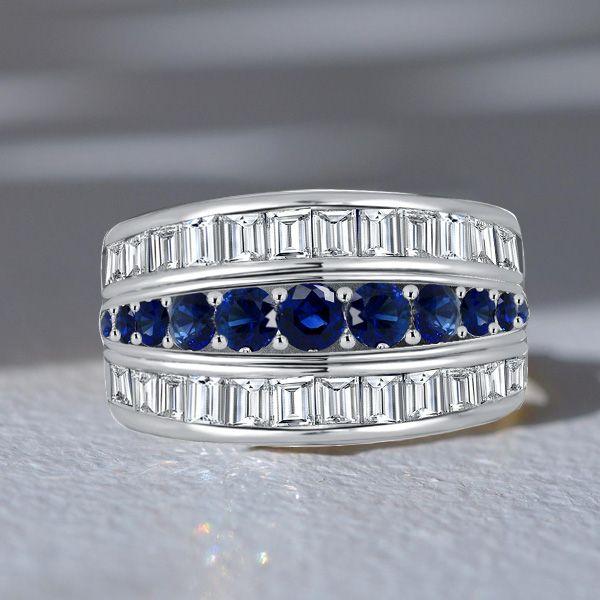 Blue Sapphire Triple Row Wedding Band Anniversary Ring - Sterling Silver