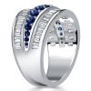 Blue Sapphire Triple Row Wedding Band Anniversary Ring - Sterling Silver