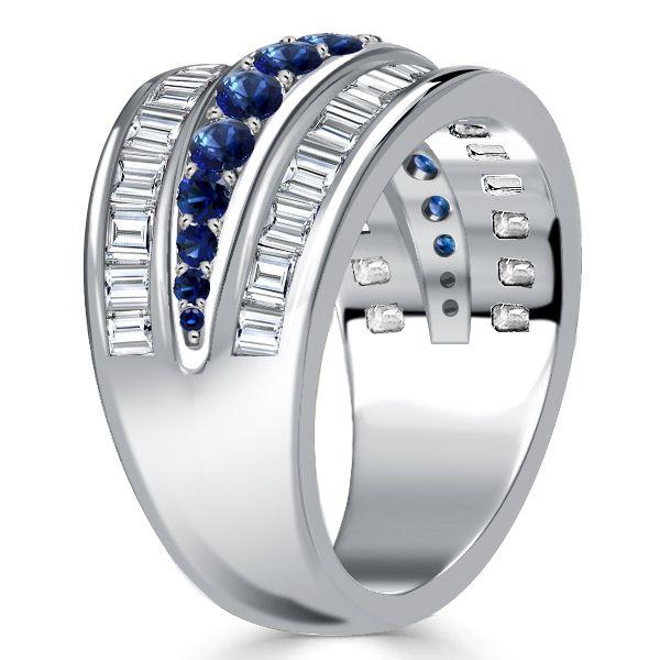 Blue Sapphire Triple Row Wedding Band Anniversary Ring - Sterling Silver