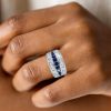 Blue Sapphire Triple Row Wedding Band Anniversary Ring - Sterling Silver