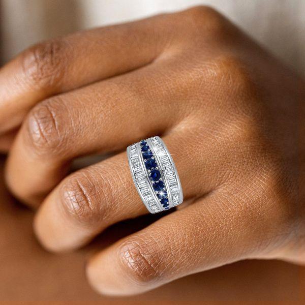 Blue Sapphire Triple Row Wedding Band Anniversary Ring - Sterling Silver