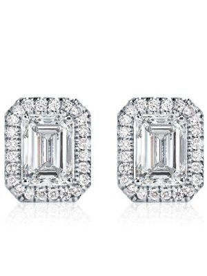 Halo Emerald Stud Earrings - 925 Sterling Silver, 1.00 CT Emerald