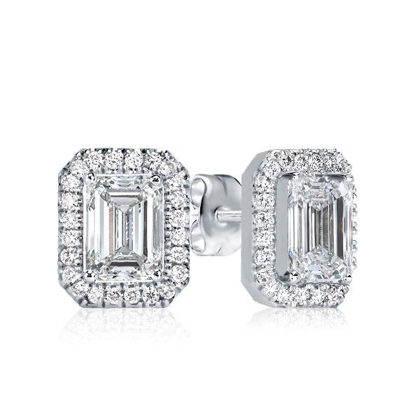 Halo Emerald Stud Earrings - 925 Sterling Silver, 1.00 CT Emerald