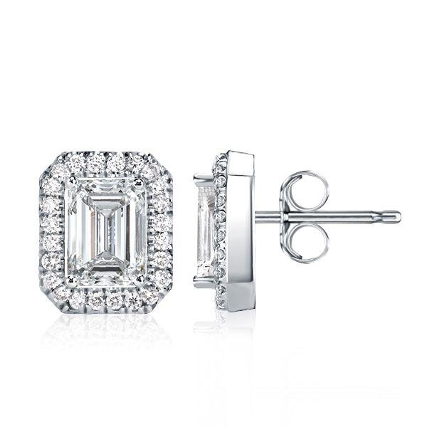 Halo Emerald Stud Earrings - 925 Sterling Silver, 1.00 CT Emerald