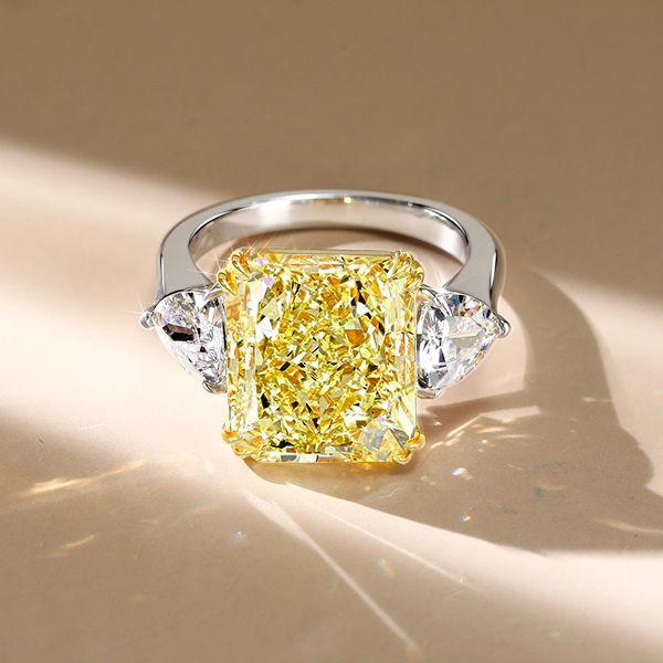 Radiant Cut Canary Yellow Three Stone Engagement Ring - Sterling Silver