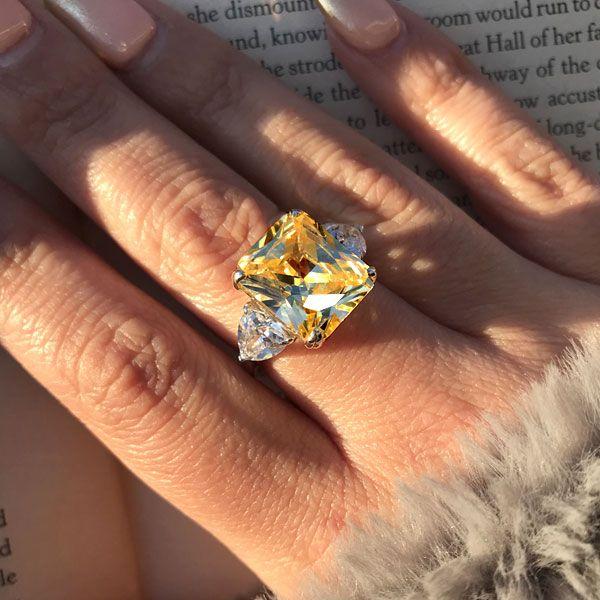Radiant Cut Canary Yellow Three Stone Engagement Ring - Sterling Silver