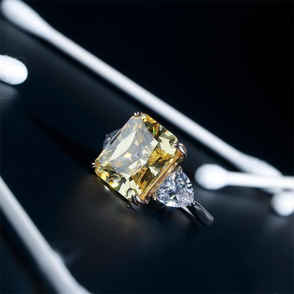 Radiant Cut Canary Yellow Three Stone Engagement Ring - Sterling Silver