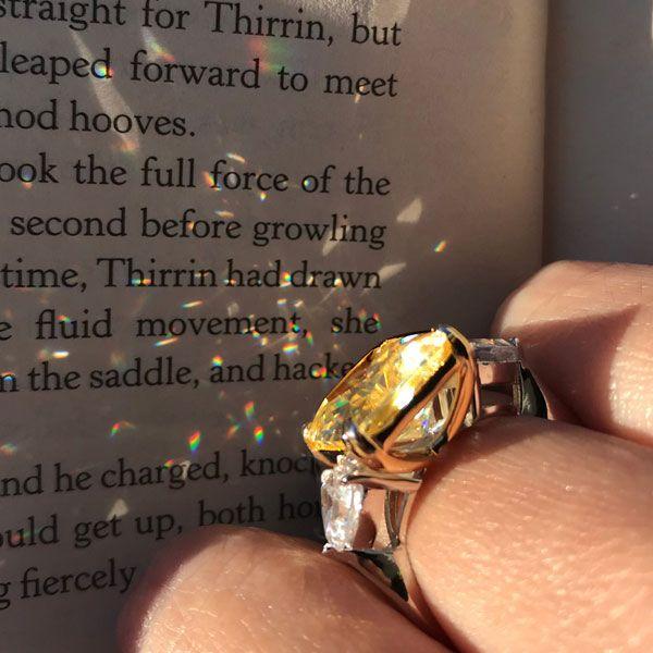 Radiant Cut Canary Yellow Three Stone Engagement Ring - Sterling Silver