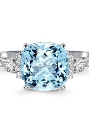 Cushion Cut Aquamarine Ring - 925 Sterling Silver - Women's Jewelry