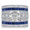 Asscher Cut Blue Sapphire Cocktail Ring in Rhodium Plated 925 Sterling Silver