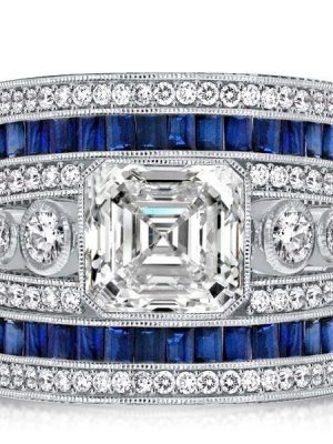 Asscher Cut Blue Sapphire Cocktail Ring in Rhodium Plated 925 Sterling Silver