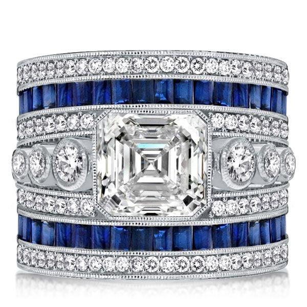 Asscher Cut Blue Sapphire Cocktail Ring in Rhodium Plated 925 Sterling Silver