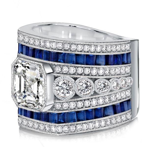 Asscher Cut Blue Sapphire Cocktail Ring in Rhodium Plated 925 Sterling Silver