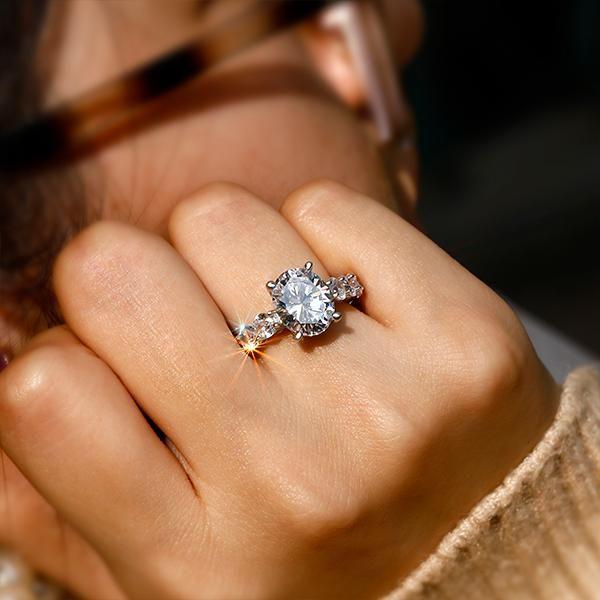 Oval Created White Sapphire Engagement Ring for Women - 925 Sterling Silver Eternity Band