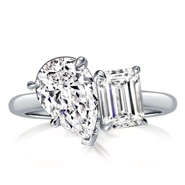 Sterling Silver Pear and Emerald Cut Twin Stone Engagement Ring (8.00 CTW)