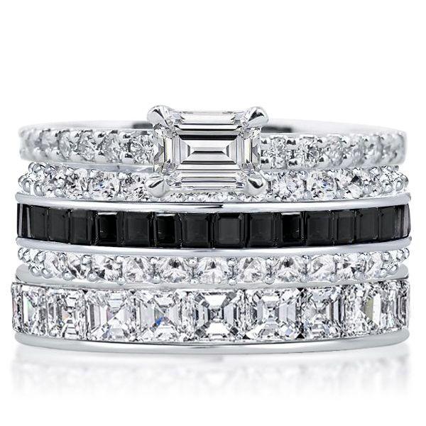 Emerald, Asscher & Baguette Black Sterling Silver Stackable Band Set - 7.17 CT TW
