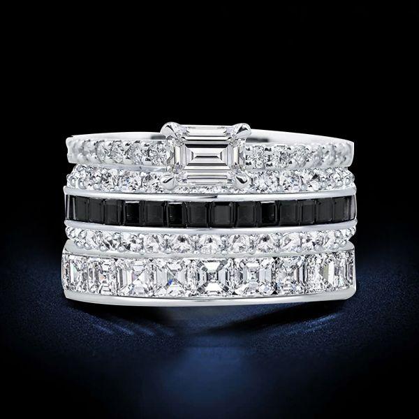 Emerald, Asscher & Baguette Black Sterling Silver Stackable Band Set - 7.17 CT TW