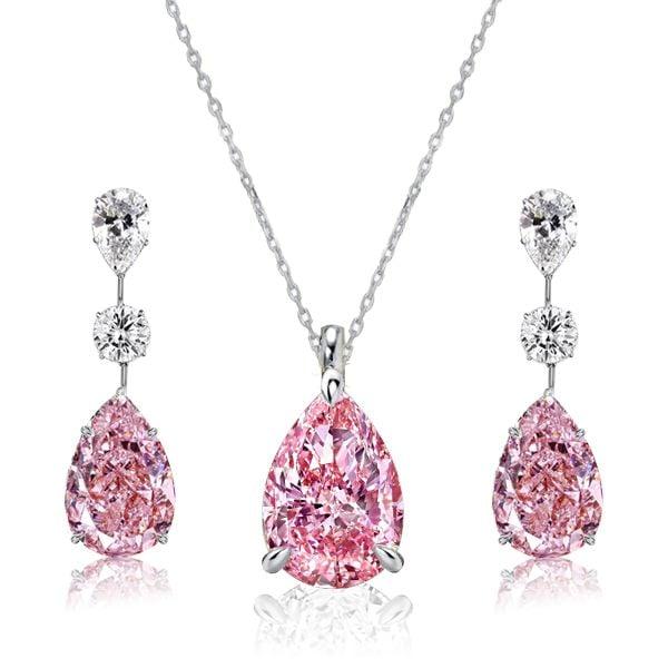 Pink Sapphire Pear Cut Necklace and Earrings Set in 925 Sterling Silver