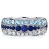 Blue Sapphire & Aquamarine Half Eternity Band Ring - Sterling Silver