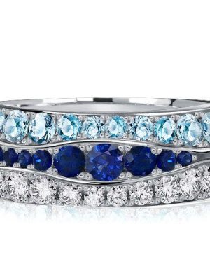 Blue Sapphire & Aquamarine Half Eternity Band Ring - Sterling Silver