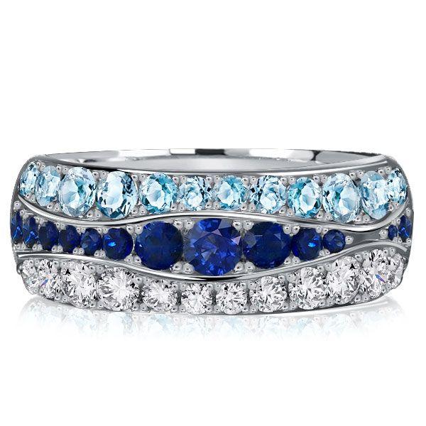Blue Sapphire & Aquamarine Half Eternity Band Ring - Sterling Silver