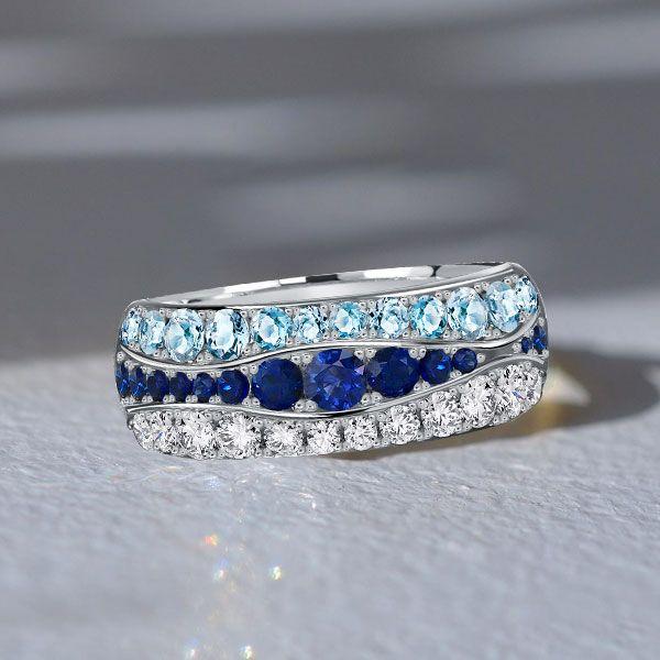 Blue Sapphire & Aquamarine Half Eternity Band Ring - Sterling Silver