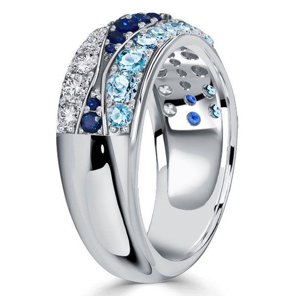 Blue Sapphire & Aquamarine Half Eternity Band Ring - Sterling Silver