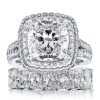 Sapphire Halo Bridal Set - Sterling Silver Engagement and Wedding Rings