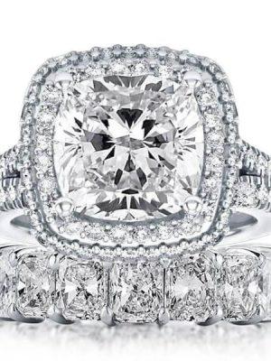 Sapphire Halo Bridal Set - Sterling Silver Engagement and Wedding Rings