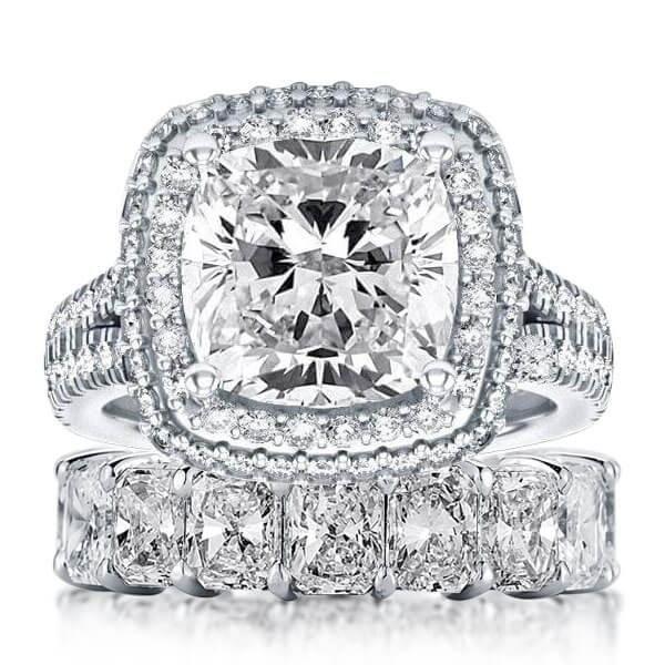Sapphire Halo Bridal Set - Sterling Silver Engagement and Wedding Rings
