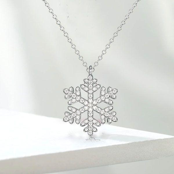 Sterling Silver White Sapphire Snowflake Necklace - Christmas Charm Pendant