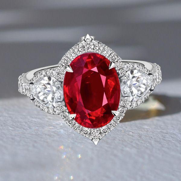 Oval Ruby Halo Engagement Ring - 925 Sterling Silver