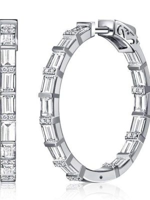Rhodium Plated 925 Sterling Silver Baguette Hoop Earrings for Women