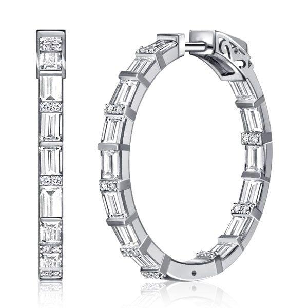 Rhodium Plated 925 Sterling Silver Baguette Hoop Earrings for Women