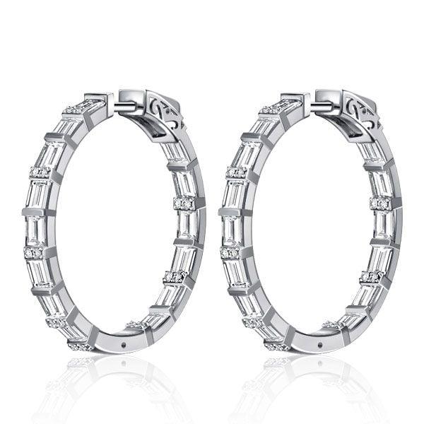 Rhodium Plated 925 Sterling Silver Baguette Hoop Earrings for Women