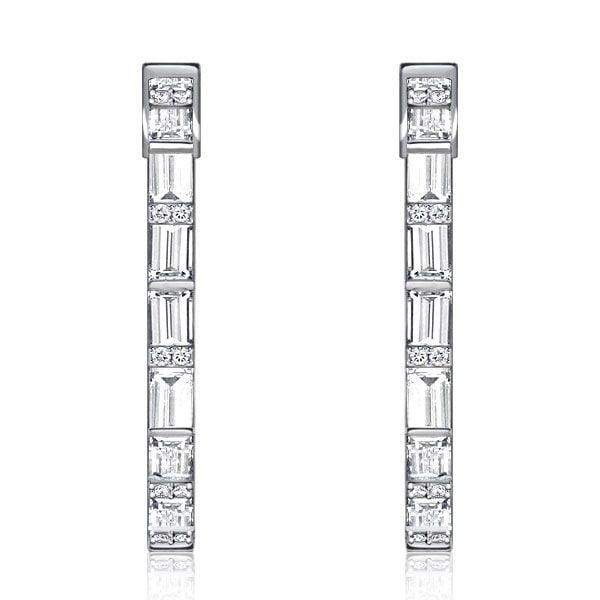 Rhodium Plated 925 Sterling Silver Baguette Hoop Earrings for Women