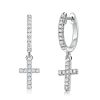 Sterling Silver Cross Huggie Drop Earrings - White Round CZ
