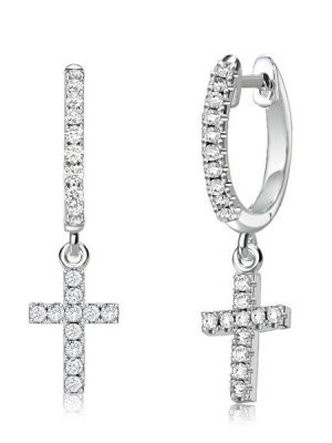 Sterling Silver Cross Huggie Drop Earrings - White Round CZ