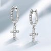 Sterling Silver Cross Huggie Drop Earrings - White Round CZ