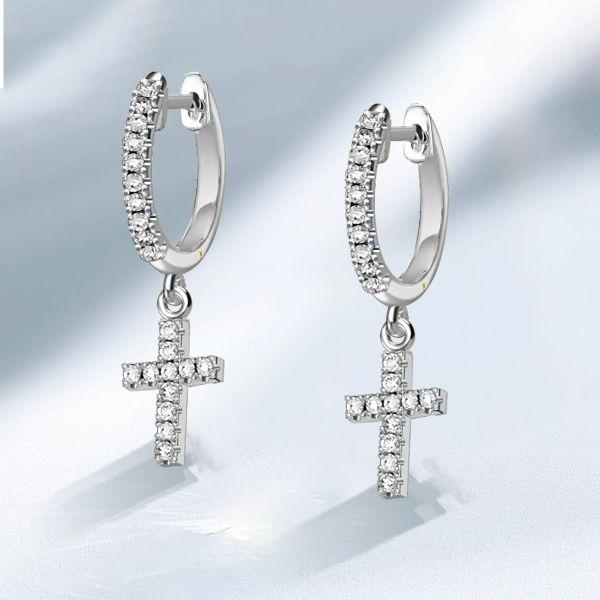 Sterling Silver Cross Huggie Drop Earrings - White Round CZ
